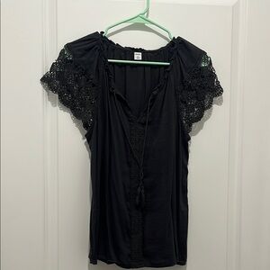 Old Navy Black Tie Front Ruffled Blouse